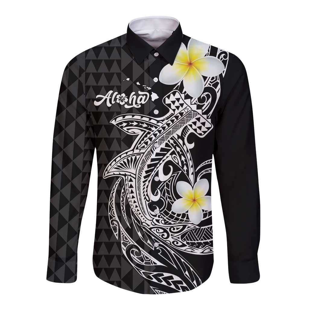 Aloha Hammerhead Shark Long Sleeve Button Shirt Black Hawaiian Kakau Tribal Tattoo LT9 Unisex Black - Polynesian Pride
