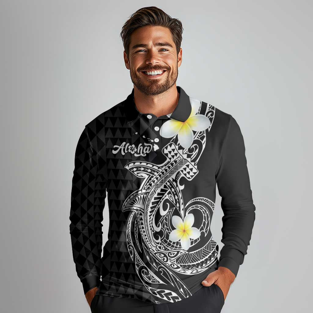 Aloha Hammerhead Shark Long Sleeve Polo Shirt Black Hawaiian Kakau Tribal Tattoo
