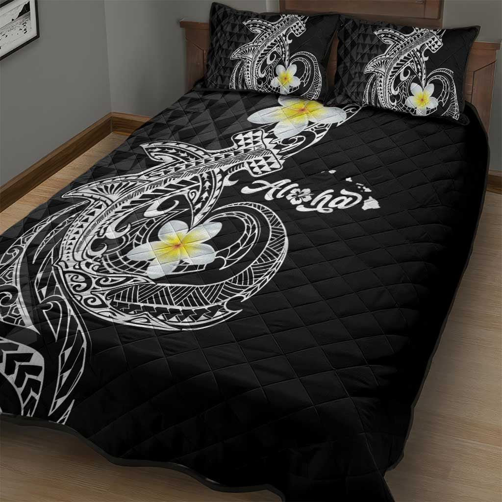 Aloha Hammerhead Shark Quilt Bed Set Black Hawaiian Kakau Tribal Tattoo