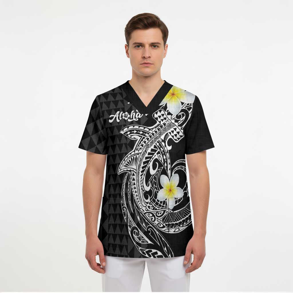 Aloha Hammerhead Shark Scrub Top Black Hawaiian Kakau Tribal Tattoo - Polynesian Pride