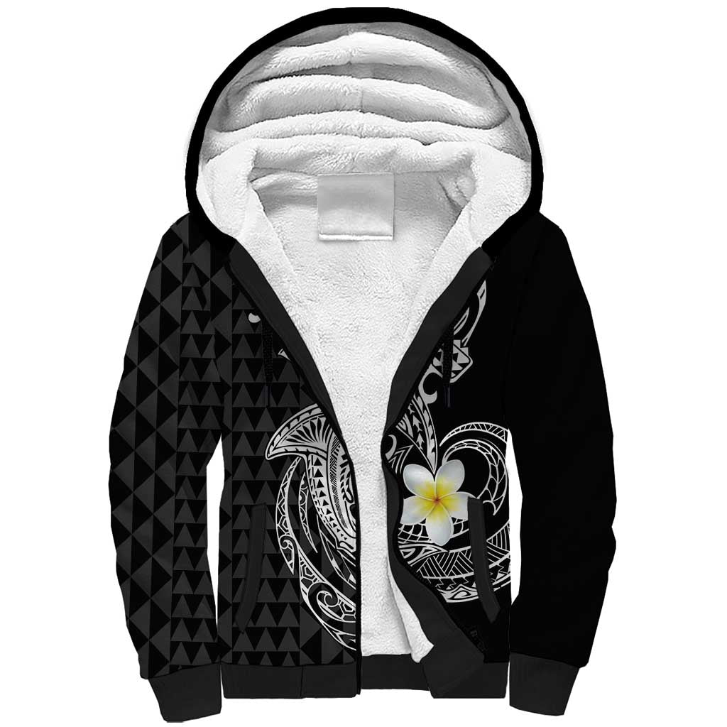 Aloha Hammerhead Shark Sherpa Hoodie Black Hawaiian Kakau Tribal Tattoo LT9 Unisex Black - Polynesian Pride
