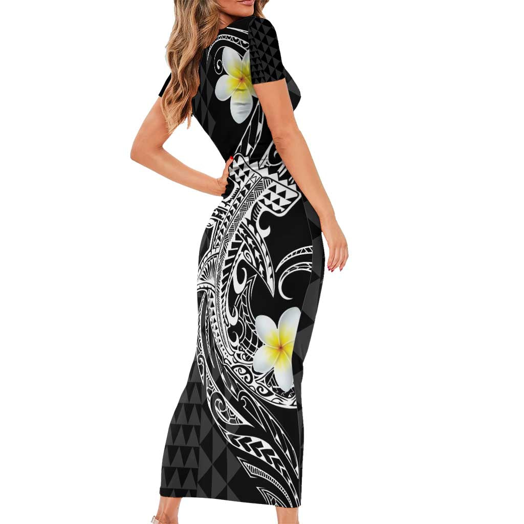 Aloha Hammerhead Shark Short Sleeve Bodycon Dress Black Hawaiian Kakau Tribal Tattoo