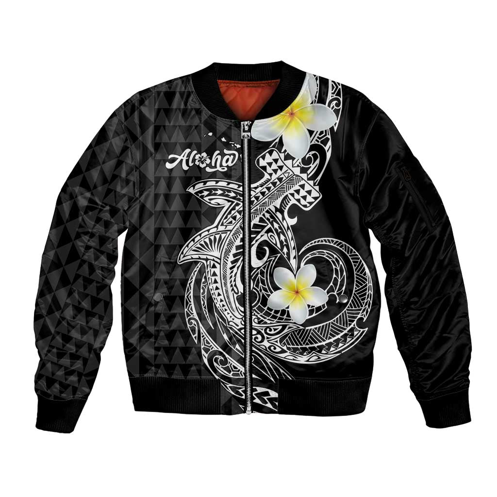 Aloha Hammerhead Shark Sleeve Zip Bomber Jacket Black Hawaiian Kakau Tribal Tattoo LT9 Unisex Black - Polynesian Pride