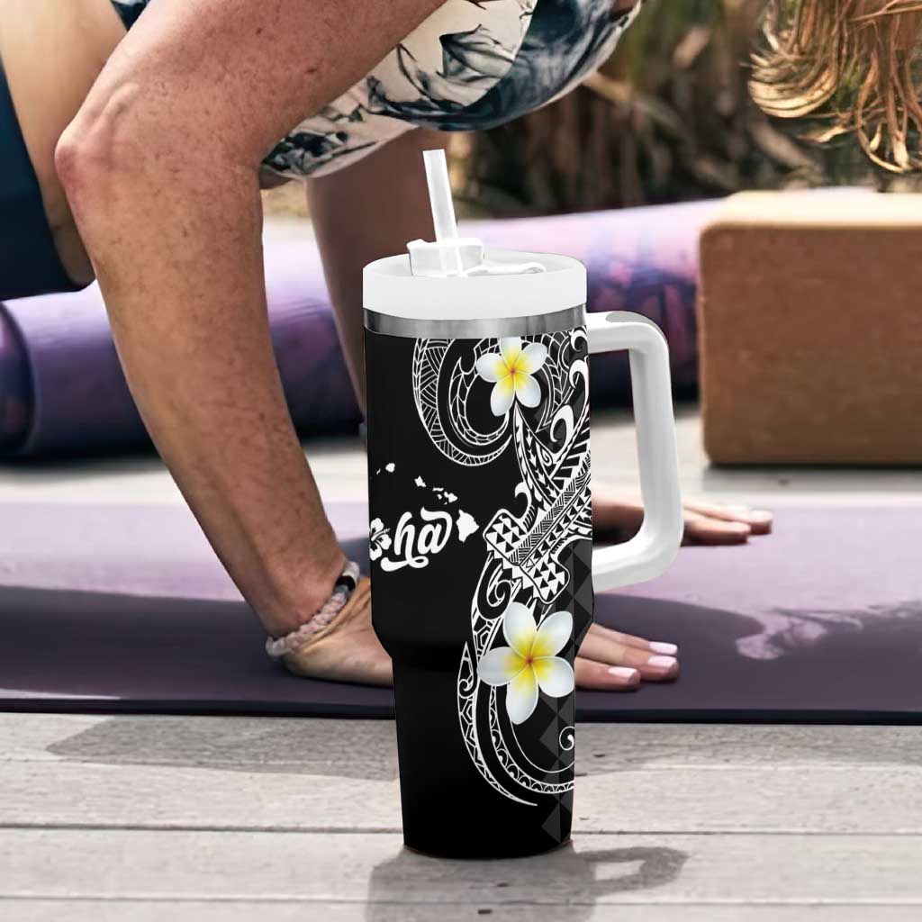 Aloha Hammerhead Shark Tumbler With Handle Black Hawaiian Kakau Tribal Tattoo