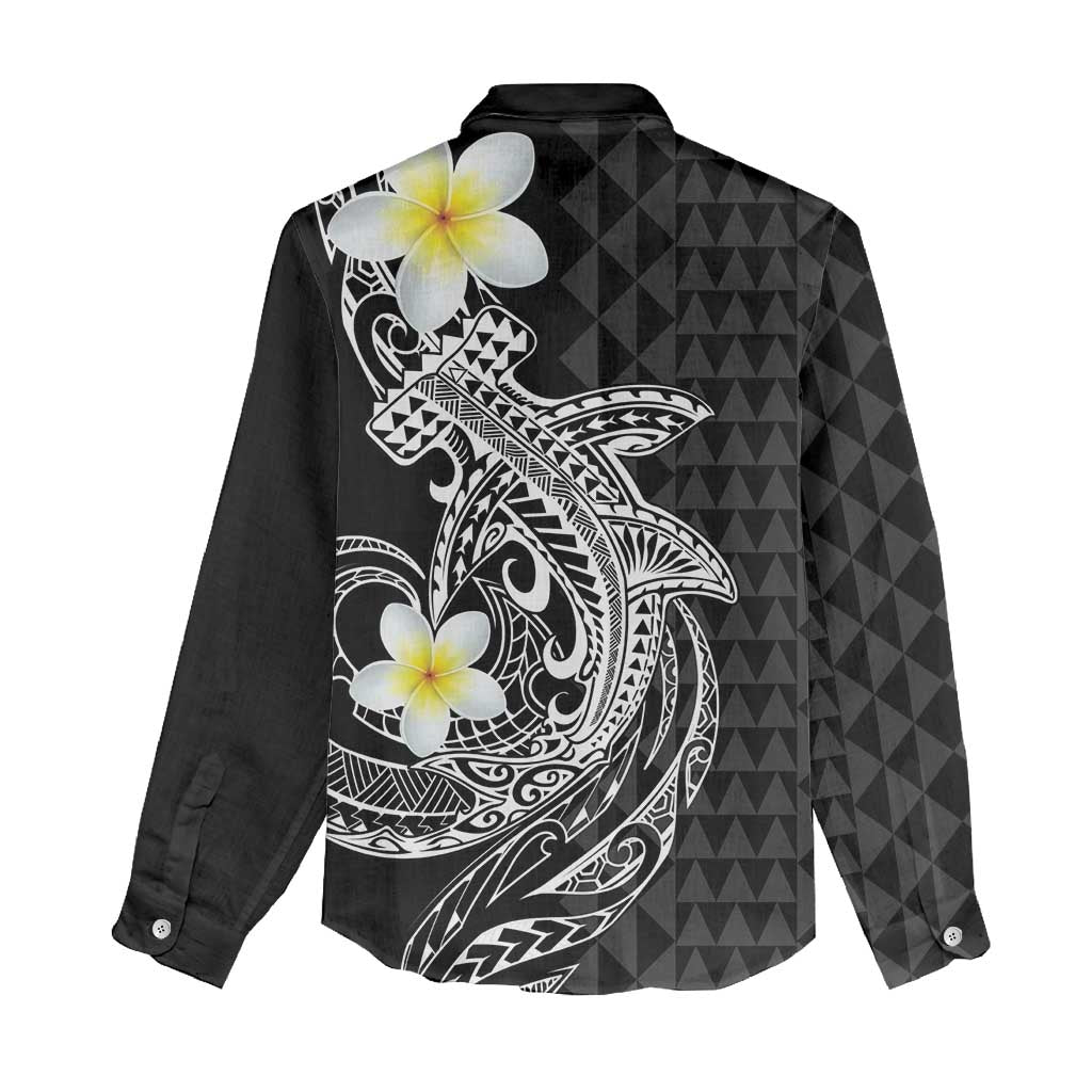 Aloha Hammerhead Shark Women Casual Shirt Black Hawaiian Kakau Tribal Tattoo
