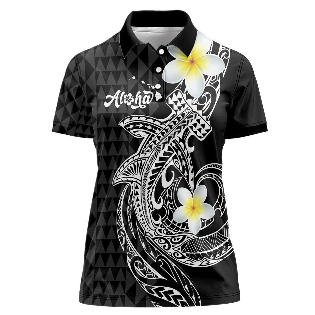 Aloha Hammerhead Shark Women Polo Shirt Black Hawaiian Kakau Tribal Tattoo