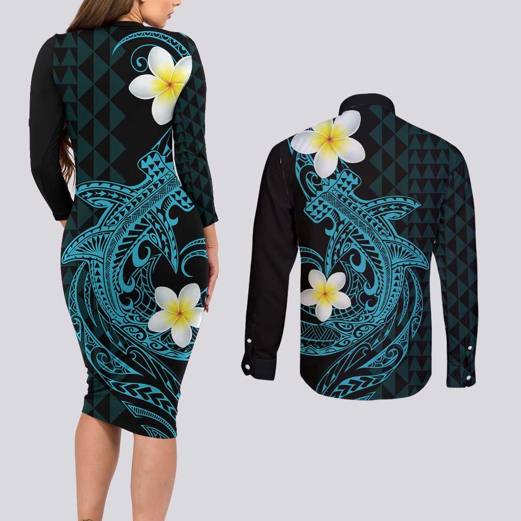 Aloha Hammerhead Shark Couples Matching Long Sleeve Bodycon Dress and Long Sleeve Button Shirt Calypso Hawaiian Kakau Tribal Tattoo