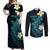 Aloha Hammerhead Shark Couples Matching Off Shoulder Maxi Dress and Long Sleeve Button Shirt Calypso Hawaiian Kakau Tribal Tattoo