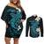Aloha Hammerhead Shark Couples Matching Off Shoulder Short Dress and Long Sleeve Button Shirt Calypso Hawaiian Kakau Tribal Tattoo