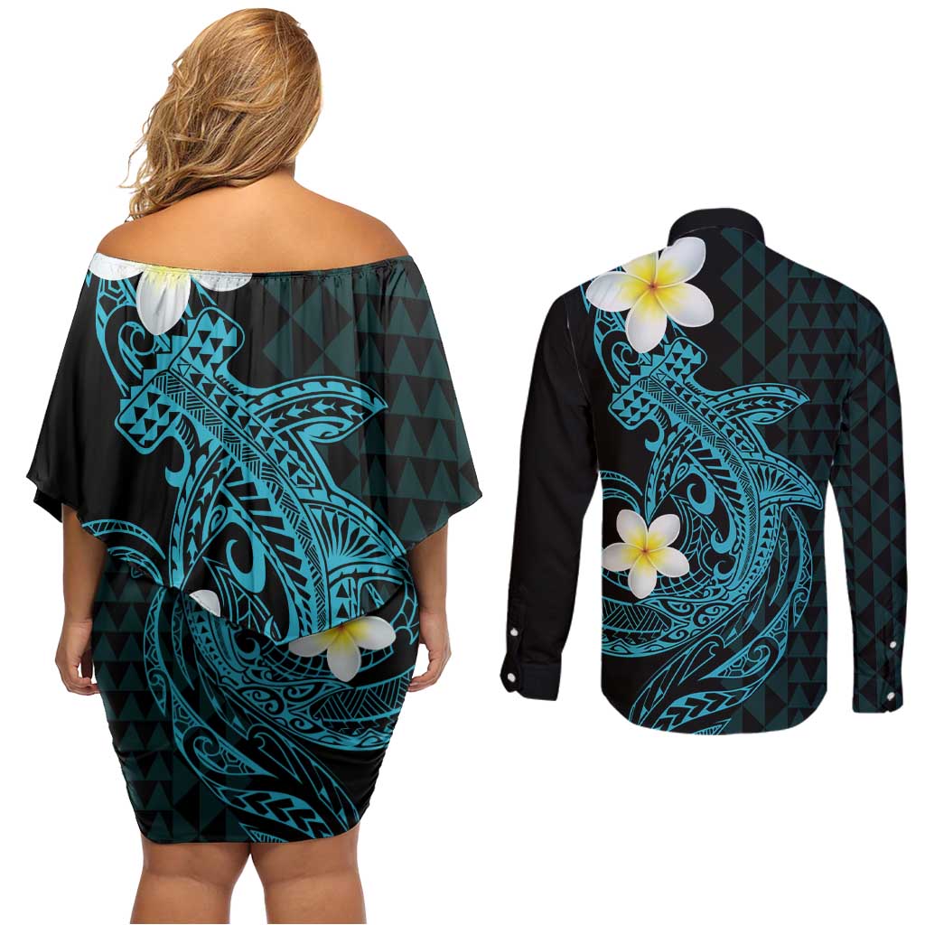 Aloha Hammerhead Shark Couples Matching Off Shoulder Short Dress and Long Sleeve Button Shirt Calypso Hawaiian Kakau Tribal Tattoo