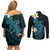 Aloha Hammerhead Shark Couples Matching Off Shoulder Short Dress and Long Sleeve Button Shirt Calypso Hawaiian Kakau Tribal Tattoo