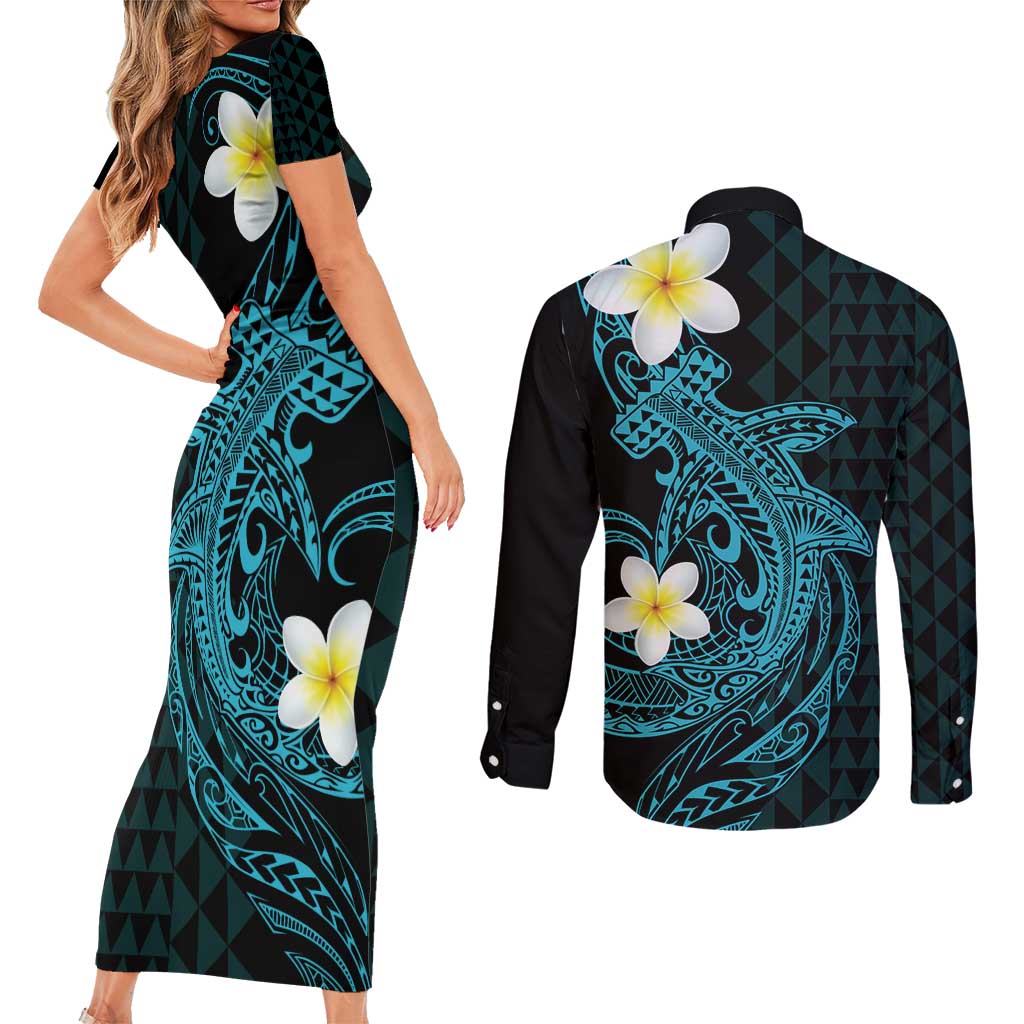 Aloha Hammerhead Shark Couples Matching Short Sleeve Bodycon Dress and Long Sleeve Button Shirt Calypso Hawaiian Kakau Tribal Tattoo