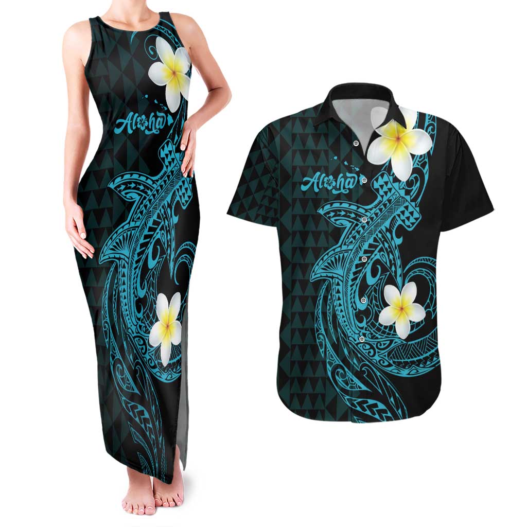 Aloha Hammerhead Shark Couples Matching Tank Maxi Dress and Hawaiian Shirt Calypso Hawaiian Kakau Tribal Tattoo