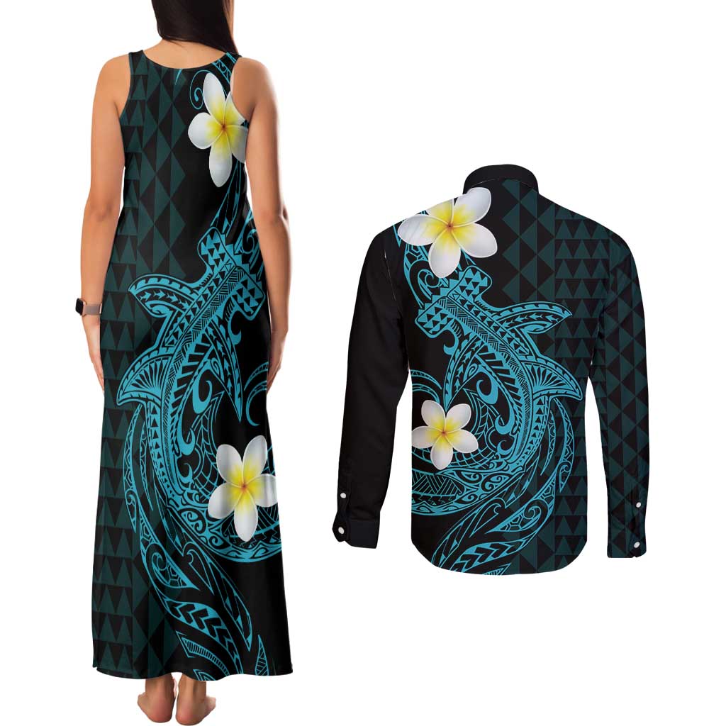 Aloha Hammerhead Shark Couples Matching Tank Maxi Dress and Long Sleeve Button Shirt Calypso Hawaiian Kakau Tribal Tattoo