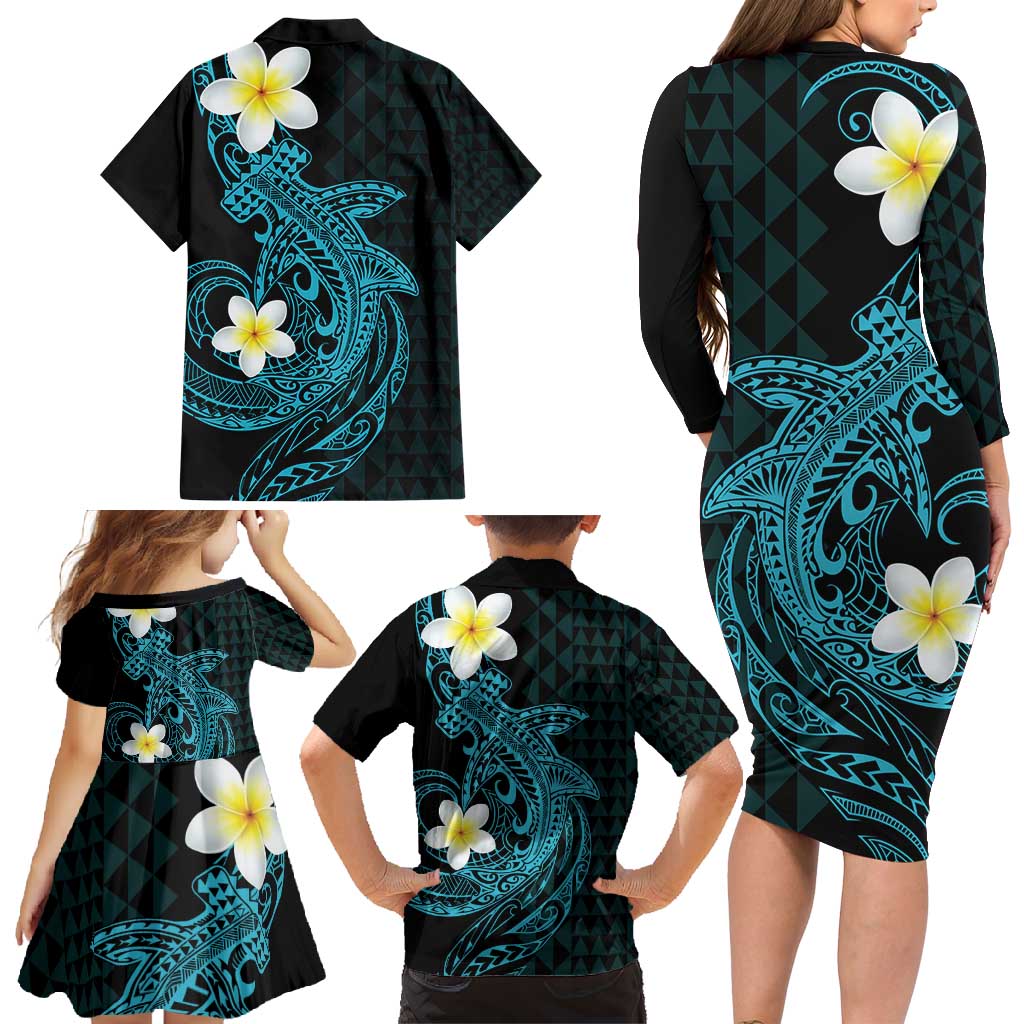Aloha Hammerhead Shark Family Matching Long Sleeve Bodycon Dress and Hawaiian Shirt Calypso Hawaiian Kakau Tribal Tattoo