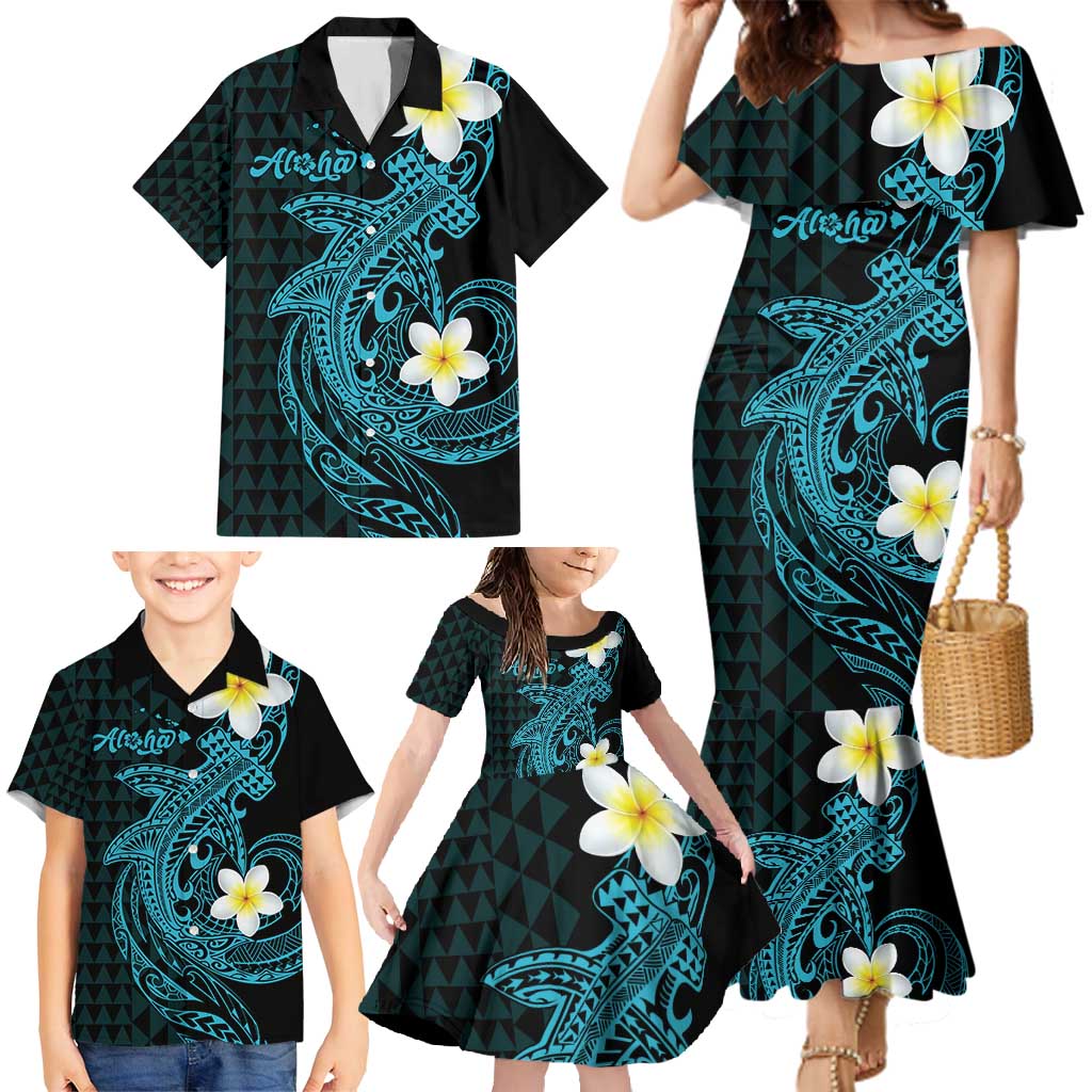 Aloha Hammerhead Shark Family Matching Mermaid Dress and Hawaiian Shirt Calypso Hawaiian Kakau Tribal Tattoo