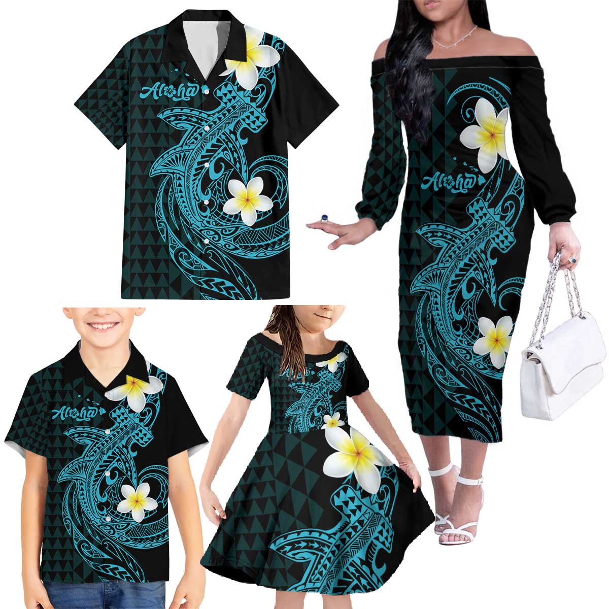 Aloha Hammerhead Shark Family Matching Off The Shoulder Long Sleeve Dress and Hawaiian Shirt Calypso Hawaiian Kakau Tribal Tattoo