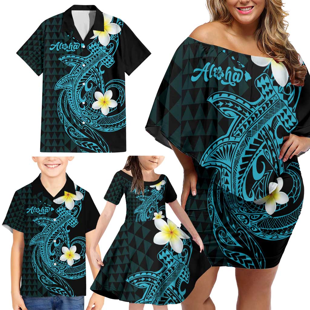 Aloha Hammerhead Shark Family Matching Off Shoulder Short Dress and Hawaiian Shirt Calypso Hawaiian Kakau Tribal Tattoo