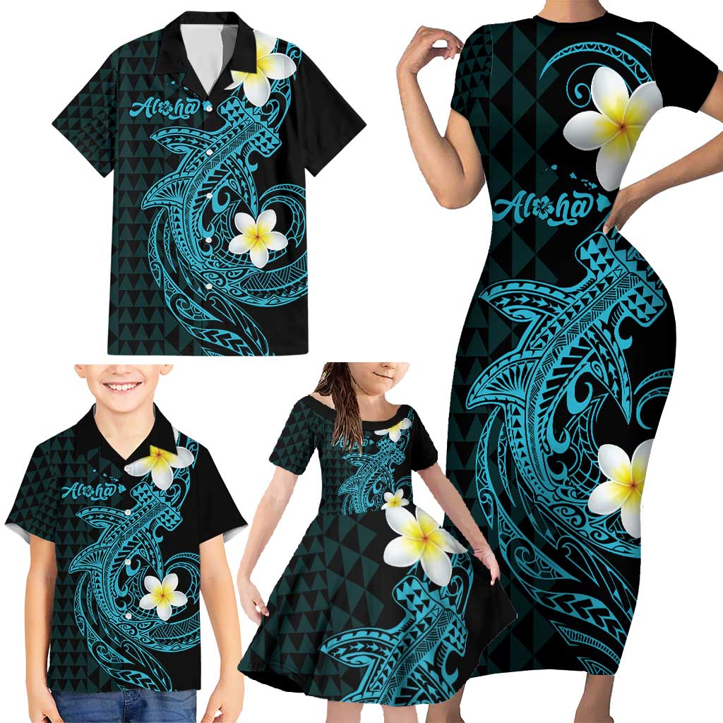 Aloha Hammerhead Shark Family Matching Short Sleeve Bodycon Dress and Hawaiian Shirt Calypso Hawaiian Kakau Tribal Tattoo