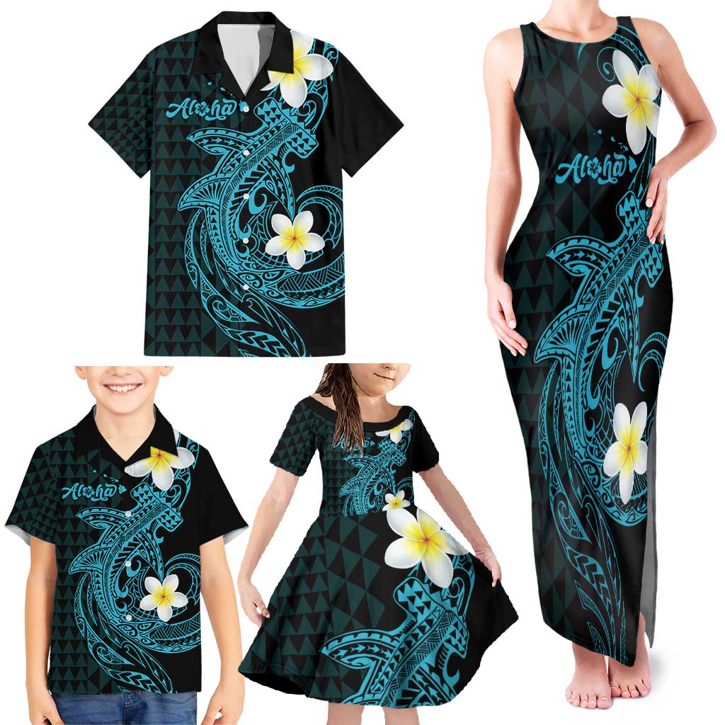 Aloha Hammerhead Shark Family Matching Tank Maxi Dress and Hawaiian Shirt Calypso Hawaiian Kakau Tribal Tattoo