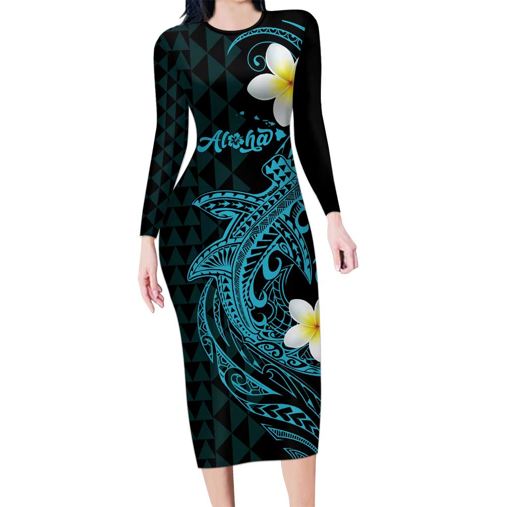 Aloha Hammerhead Shark Long Sleeve Bodycon Dress Calypso Hawaiian Kakau Tribal Tattoo