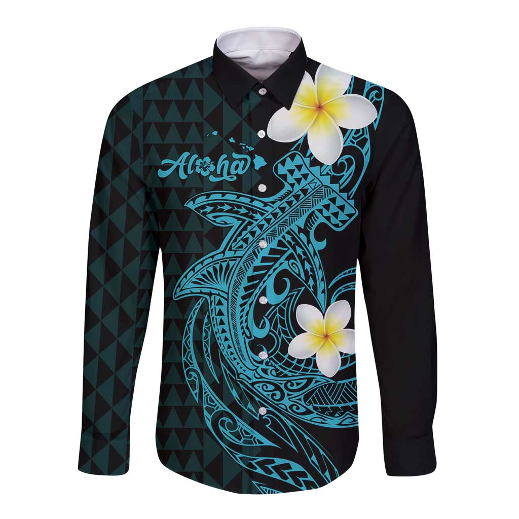 Aloha Hammerhead Shark Long Sleeve Button Shirt Calypso Hawaiian Kakau Tribal Tattoo LT9 Unisex Blue - Polynesian Pride
