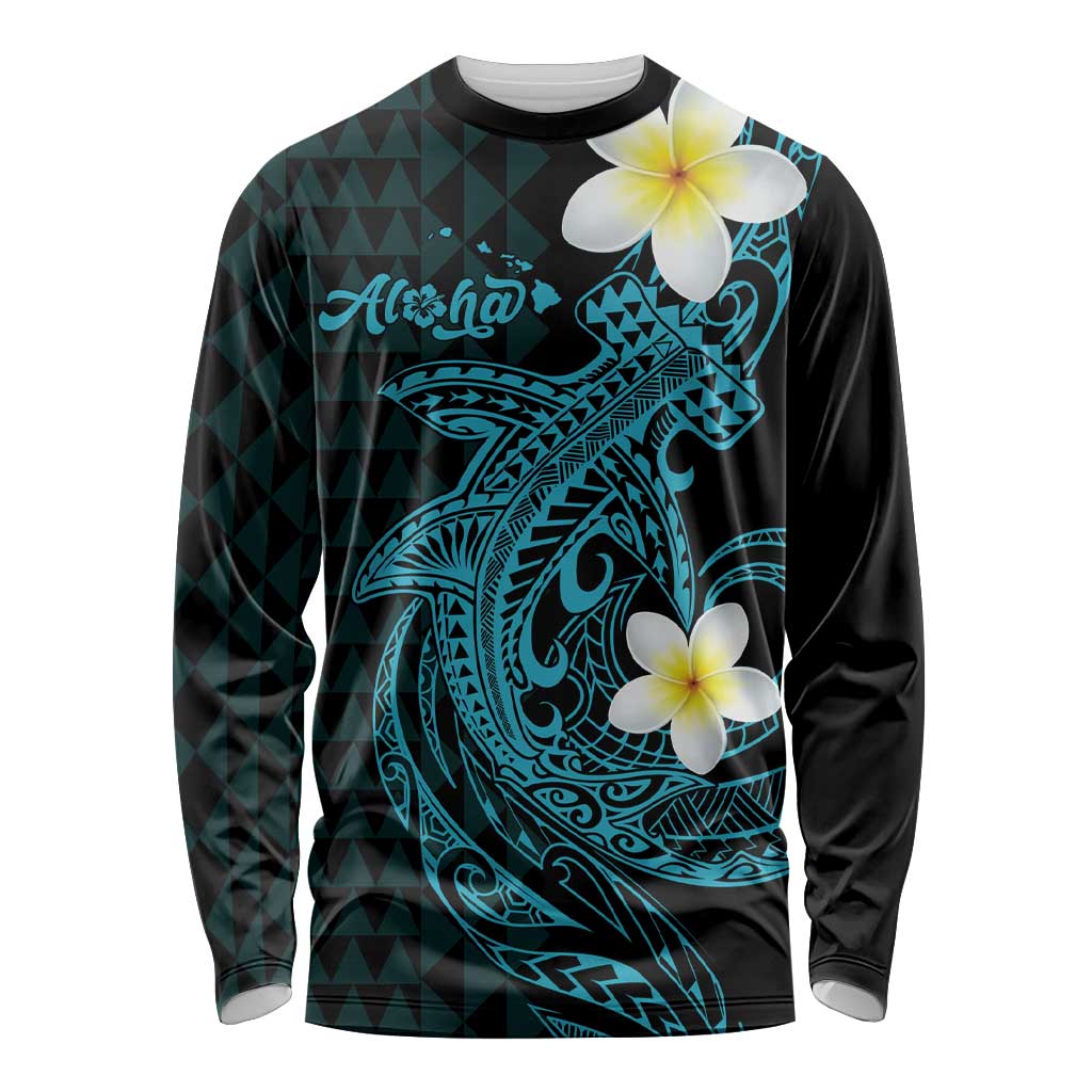 Aloha Hammerhead Shark Long Sleeve Shirt Calypso Hawaiian Kakau Tribal Tattoo LT9 Unisex Blue - Polynesian Pride