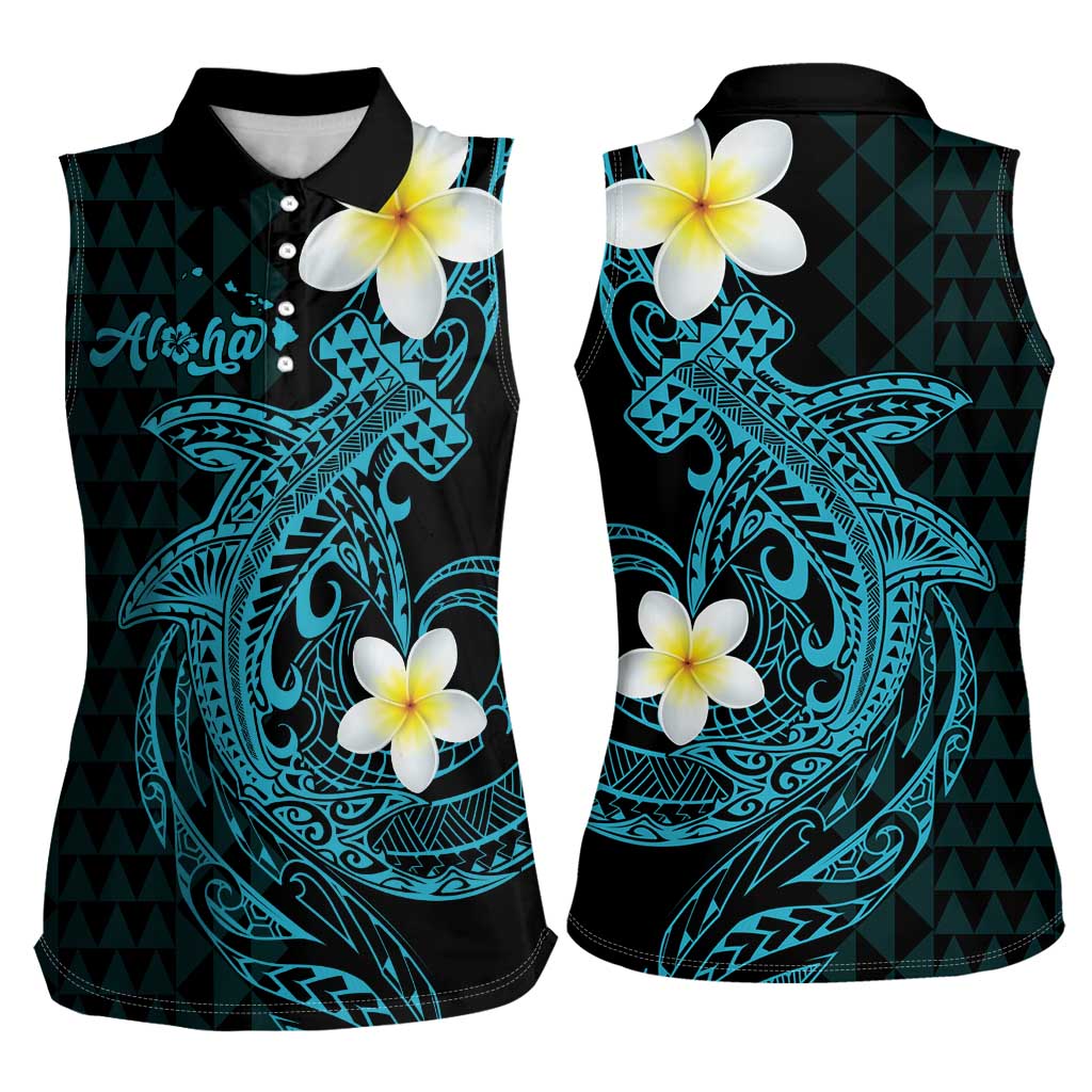 Aloha Hammerhead Shark Women Sleeveless Polo Shirt Calypso Hawaiian Kakau Tribal Tattoo