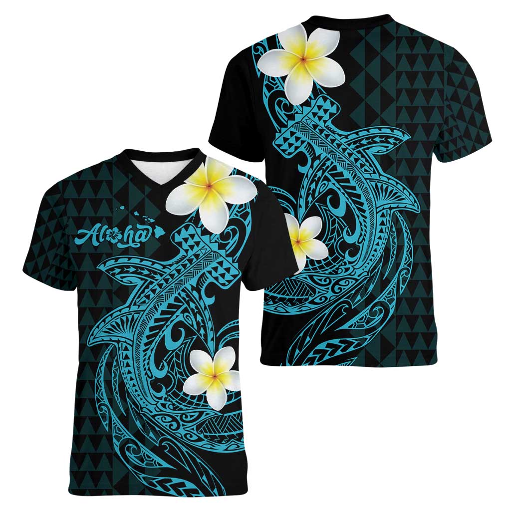 Aloha Hammerhead Shark Women V-Neck T-Shirt Calypso Hawaiian Kakau Tribal Tattoo