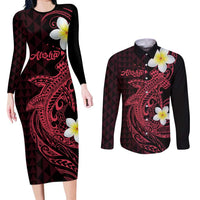Aloha Hammerhead Shark Couples Matching Long Sleeve Bodycon Dress and Long Sleeve Button Shirt Feverish Pink Hawaiian Kakau Tribal Tattoo