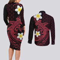 Aloha Hammerhead Shark Couples Matching Long Sleeve Bodycon Dress and Long Sleeve Button Shirt Feverish Pink Hawaiian Kakau Tribal Tattoo