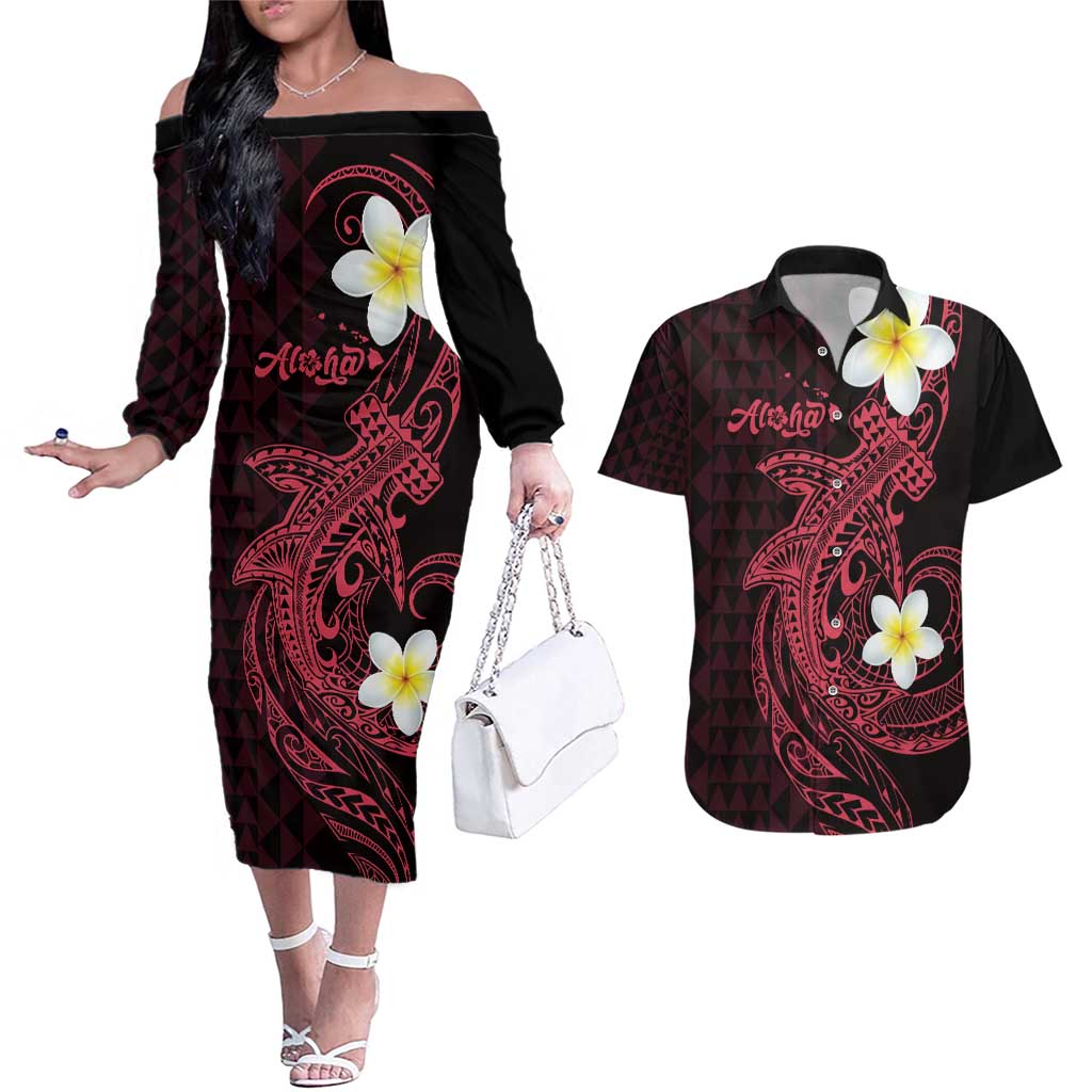 Aloha Hammerhead Shark Couples Matching Off The Shoulder Long Sleeve Dress and Hawaiian Shirt Feverish Pink Hawaiian Kakau Tribal Tattoo