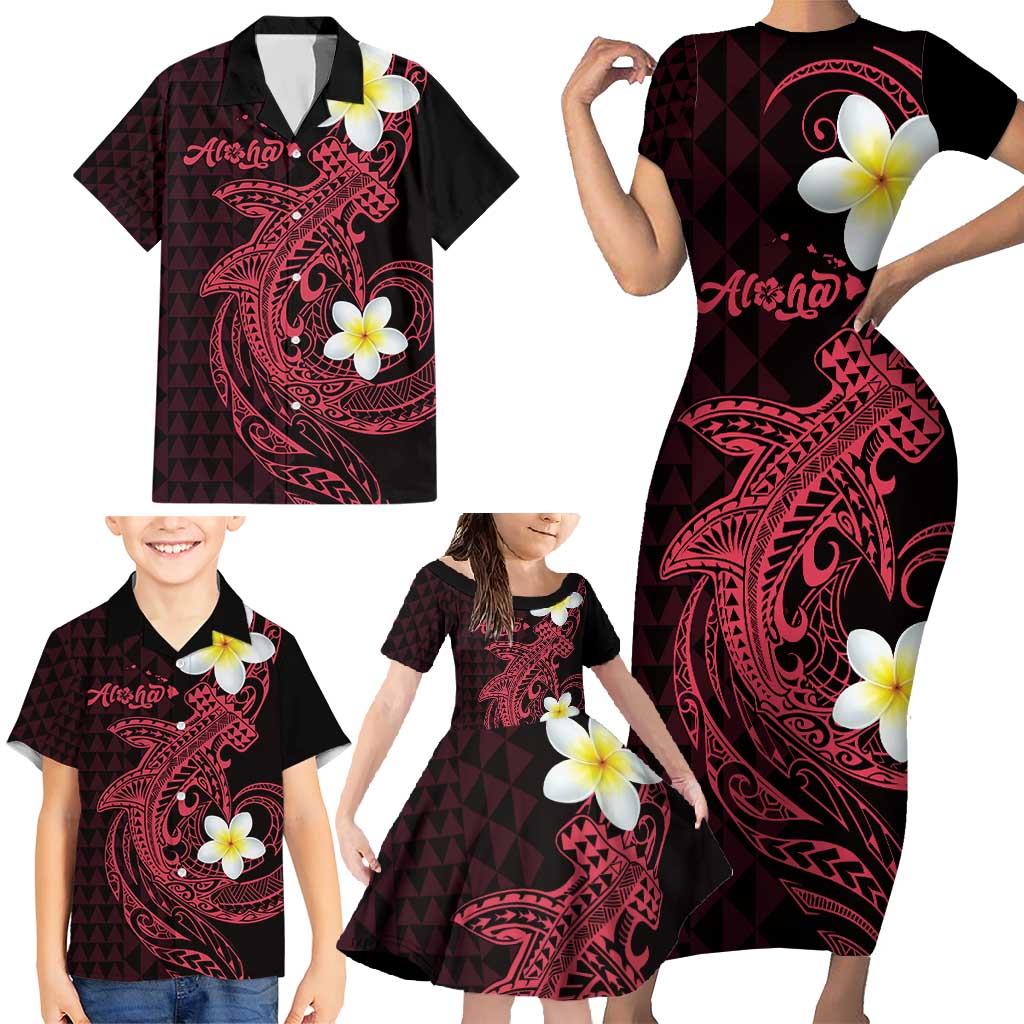 Aloha Hammerhead Shark Family Matching Short Sleeve Bodycon Dress and Hawaiian Shirt Feverish Pink Hawaiian Kakau Tribal Tattoo