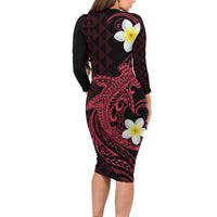 Aloha Hammerhead Shark Long Sleeve Bodycon Dress Feverish Pink Hawaiian Kakau Tribal Tattoo
