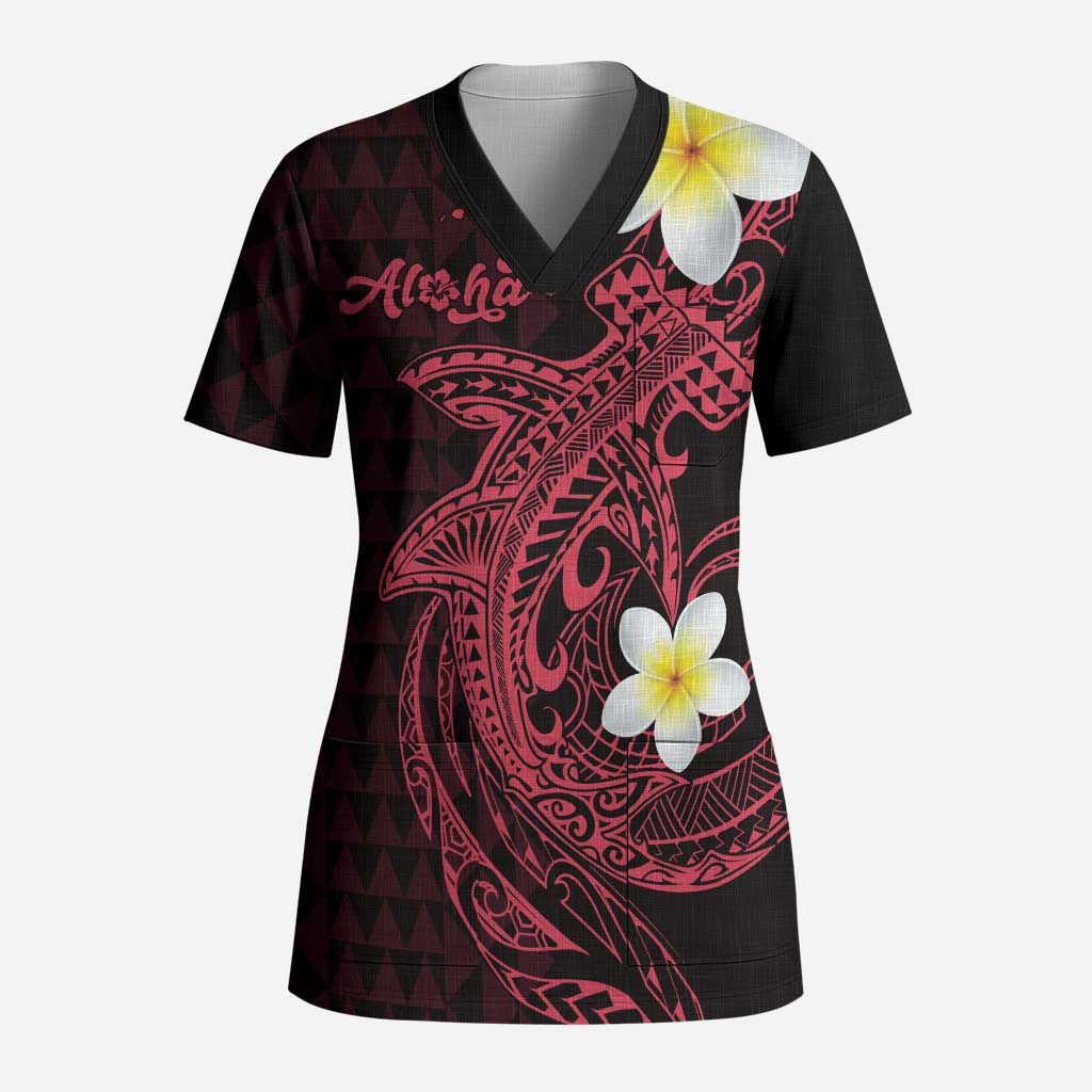 Aloha Hammerhead Shark Scrub Top Feverish Pink Hawaiian Kakau Tribal Tattoo - Polynesian Pride
