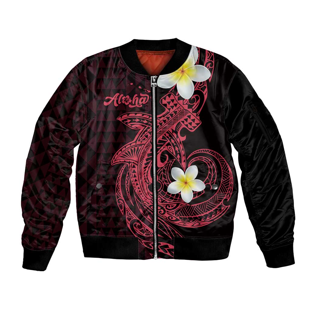Aloha Hammerhead Shark Sleeve Zip Bomber Jacket Feverish Pink Hawaiian Kakau Tribal Tattoo