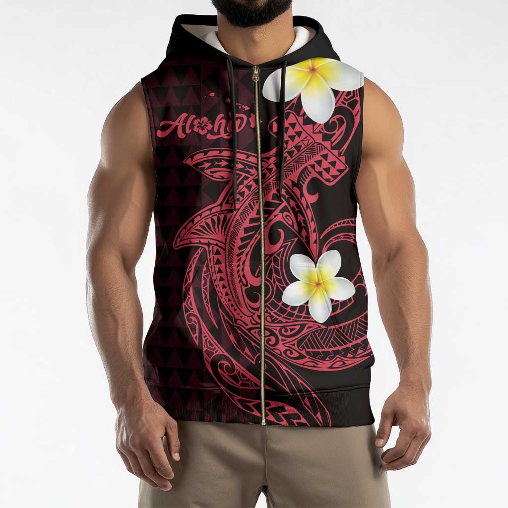 Aloha Hammerhead Shark Sleeveless Zip Hoodie Feverish Pink Hawaiian Kakau Tribal Tattoo - Polynesian Pride