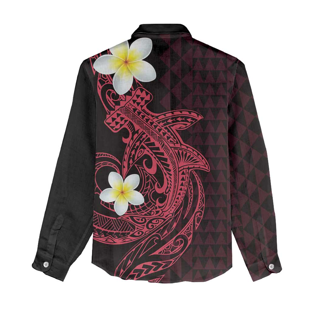 Aloha Hammerhead Shark Women Casual Shirt Feverish Pink Hawaiian Kakau Tribal Tattoo