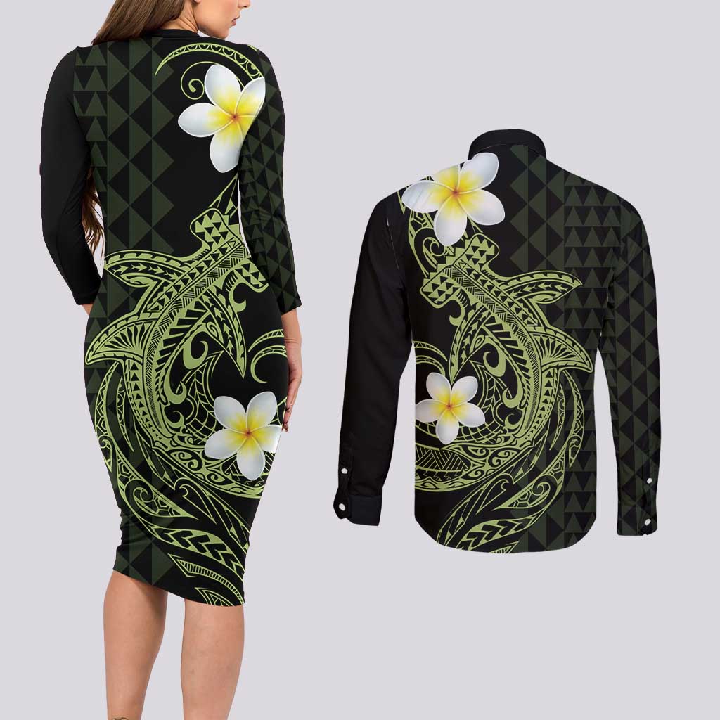 Aloha Hammerhead Shark Couples Matching Long Sleeve Bodycon Dress and Long Sleeve Button Shirt Lime Rickey Hawaiian Kakau Tribal Tattoo