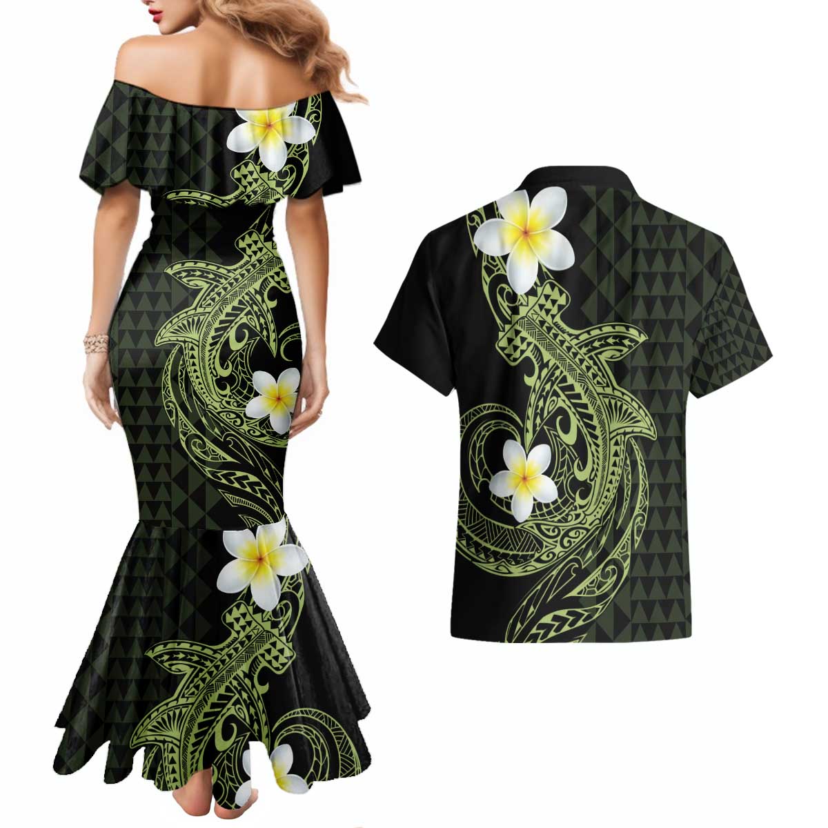 Aloha Hammerhead Shark Couples Matching Mermaid Dress and Hawaiian Shirt Lime Rickey Hawaiian Kakau Tribal Tattoo