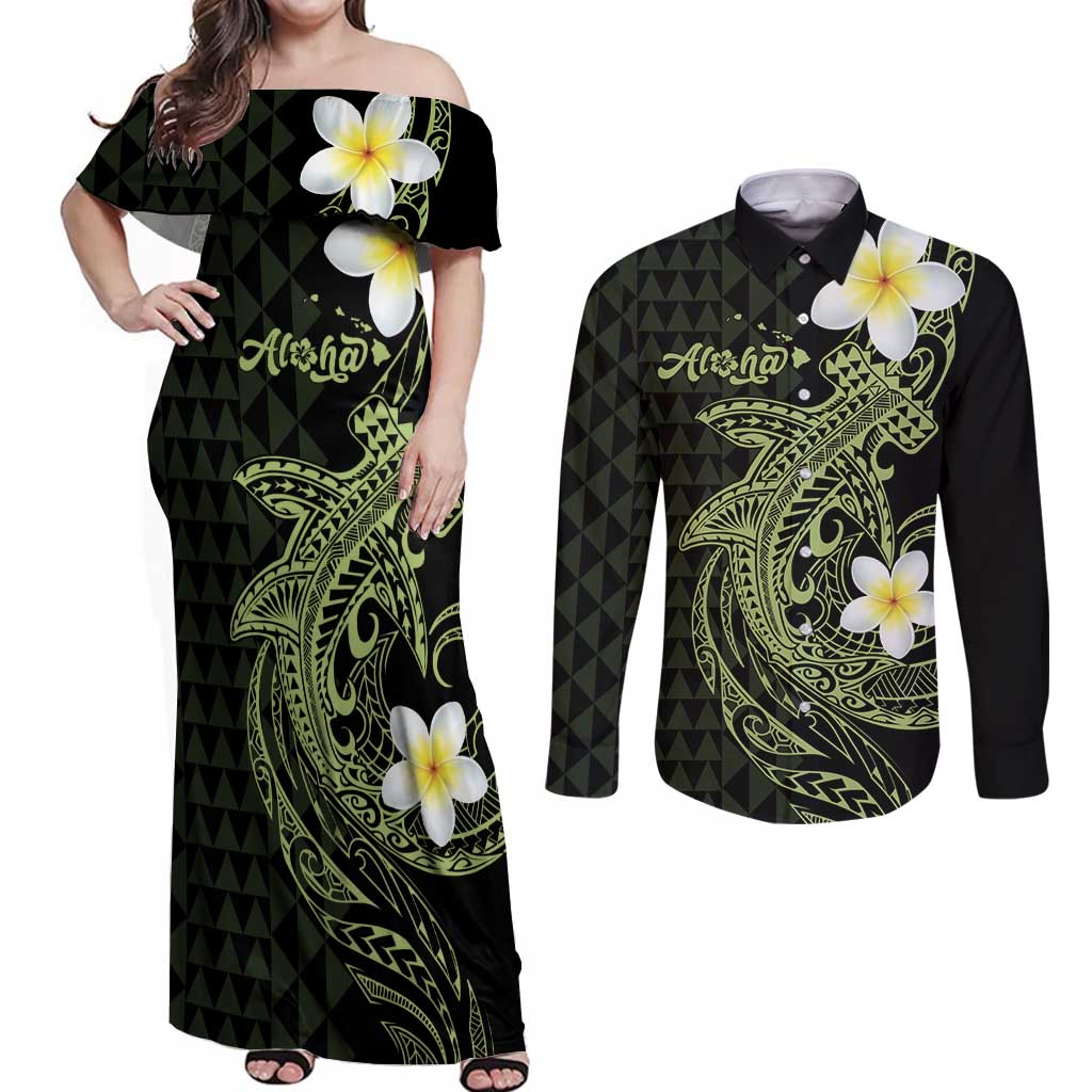 Aloha Hammerhead Shark Couples Matching Off Shoulder Maxi Dress and Long Sleeve Button Shirt Lime Rickey Hawaiian Kakau Tribal Tattoo