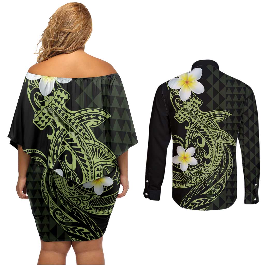 Aloha Hammerhead Shark Couples Matching Off Shoulder Short Dress and Long Sleeve Button Shirt Lime Rickey Hawaiian Kakau Tribal Tattoo