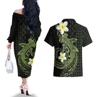 Aloha Hammerhead Shark Couples Matching Off The Shoulder Long Sleeve Dress and Hawaiian Shirt Lime Rickey Hawaiian Kakau Tribal Tattoo