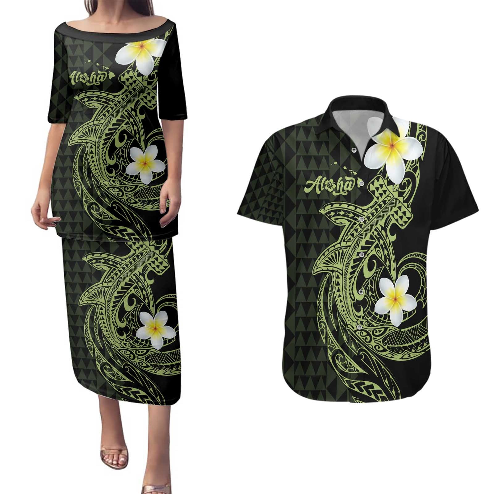 Aloha Hammerhead Shark Couples Matching Puletasi and Hawaiian Shirt Lime Rickey Hawaiian Kakau Tribal Tattoo LT9 Lime - Polynesian Pride