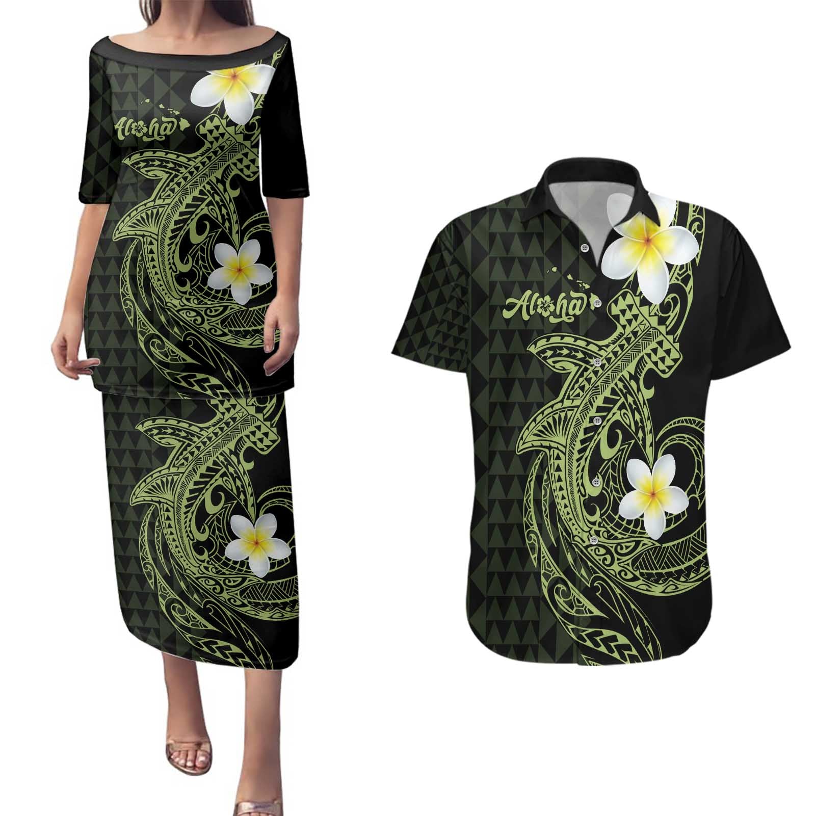 Aloha Hammerhead Shark Couples Matching Puletasi and Hawaiian Shirt Lime Rickey Hawaiian Kakau Tribal Tattoo