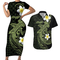 Aloha Hammerhead Shark Couples Matching Short Sleeve Bodycon Dress and Hawaiian Shirt Lime Rickey Hawaiian Kakau Tribal Tattoo
