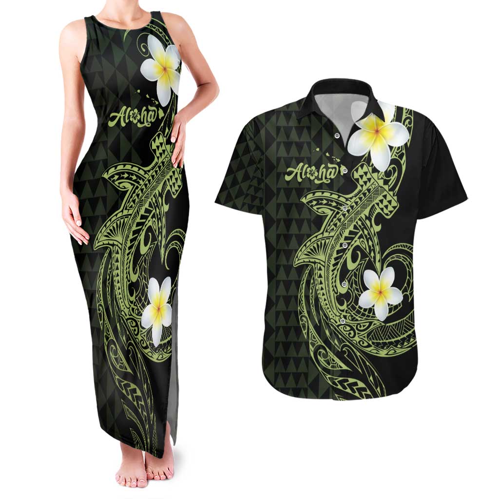 Aloha Hammerhead Shark Couples Matching Tank Maxi Dress and Hawaiian Shirt Lime Rickey Hawaiian Kakau Tribal Tattoo