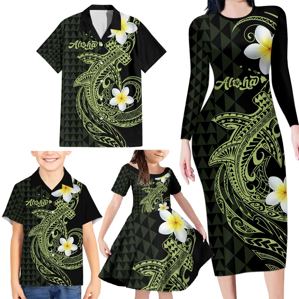 Aloha Hammerhead Shark Family Matching Long Sleeve Bodycon Dress and Hawaiian Shirt Lime Rickey Hawaiian Kakau Tribal Tattoo