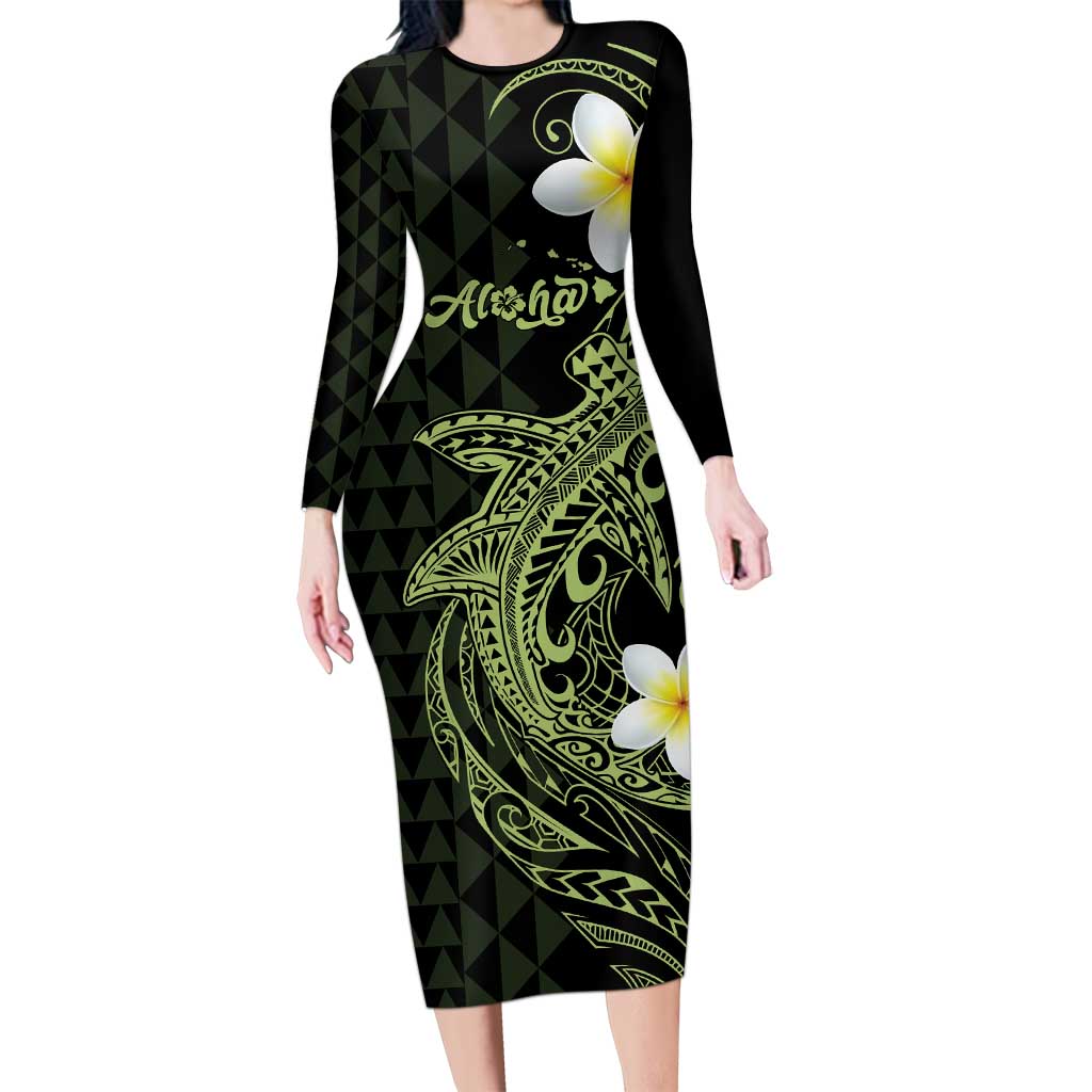 Aloha Hammerhead Shark Family Matching Long Sleeve Bodycon Dress and Hawaiian Shirt Lime Rickey Hawaiian Kakau Tribal Tattoo