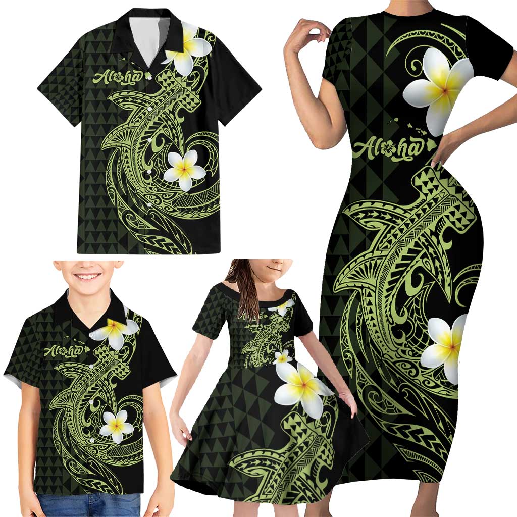 Aloha Hammerhead Shark Family Matching Short Sleeve Bodycon Dress and Hawaiian Shirt Lime Rickey Hawaiian Kakau Tribal Tattoo